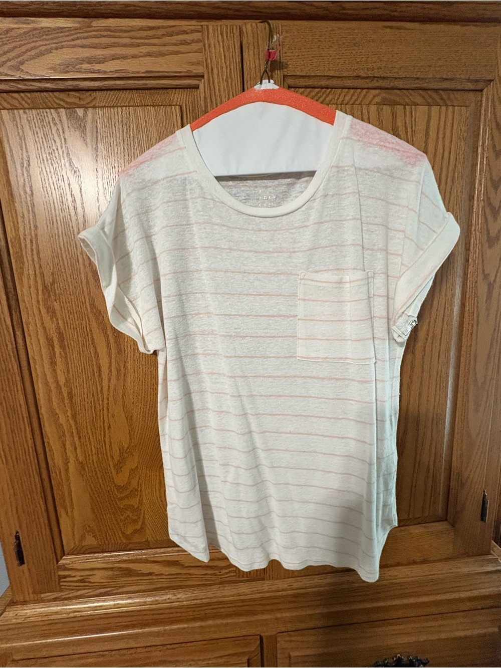 a new day Cream & Light Peach Striped Short Sleeve Linen Blend  Pocket Tee M
